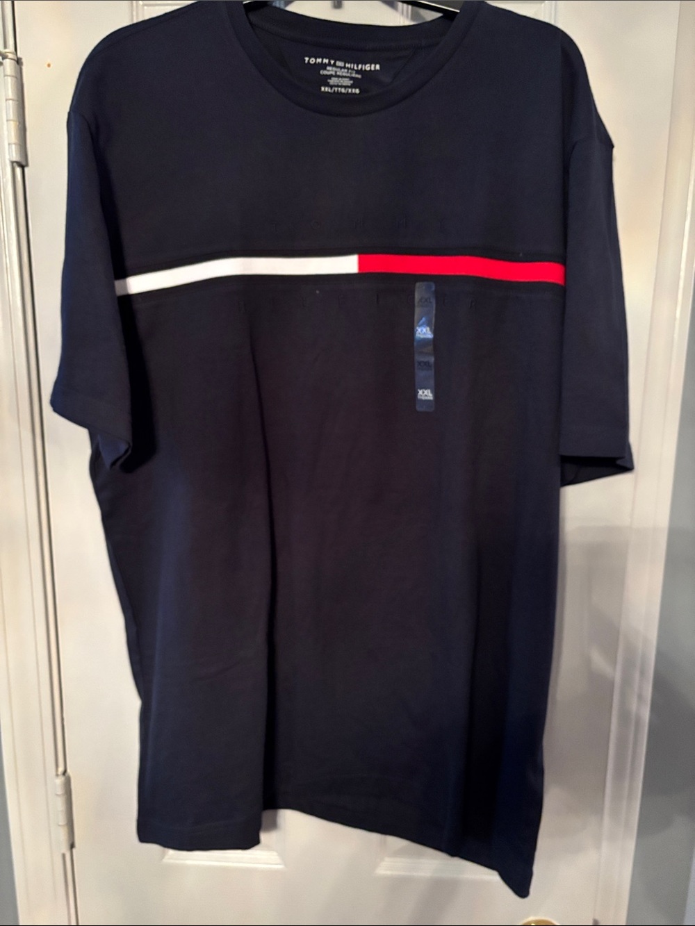Tommy Hilfiger Navy Tee with Red & White Flag & Upraised Hilfiger NWT